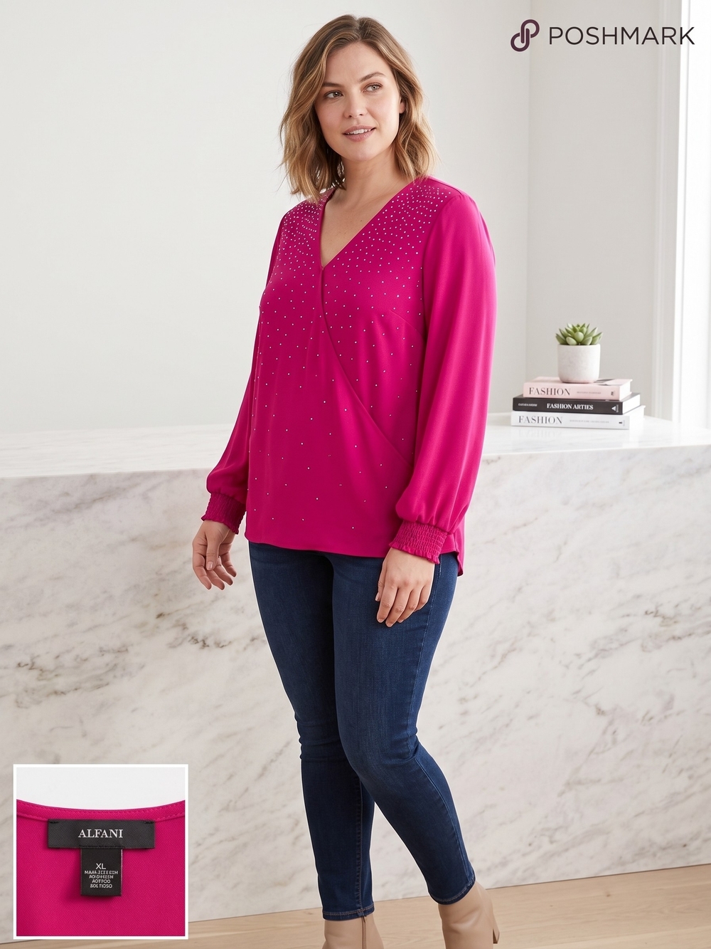Alfani Fuchsia Studded Surplice Blouse